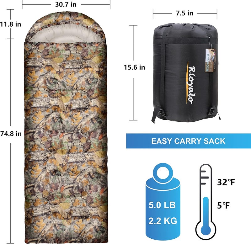 rioyalo 0 Degree Winter Sleeping Bags for Adults Camping (450GSM) - Temp Range (5F–32F) Portable Waterproof Compression Sack- Camping Sleeping Bags for Big and Tall in Env Hoodie: Backpacking Hiking 4 Season - Image 2